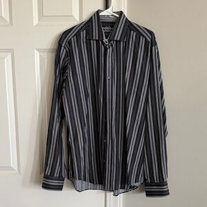Bugatchi Black and Gray Striped Long-Sleeve Dress Shirt